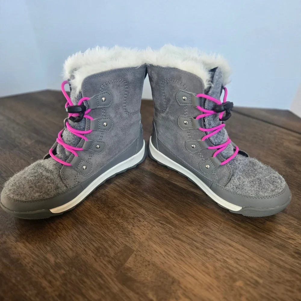 Sorel Whitney Kids Grey Suede‎ Felt Waterproof Winter Boots Pink Bungee Faux Fur